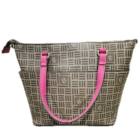👛🍁 ANNE KLEIN Alex Varsity Tote Bag | Preppy Fall Convertible Tan + Pink, 12”x6” - Picture 2 of 8